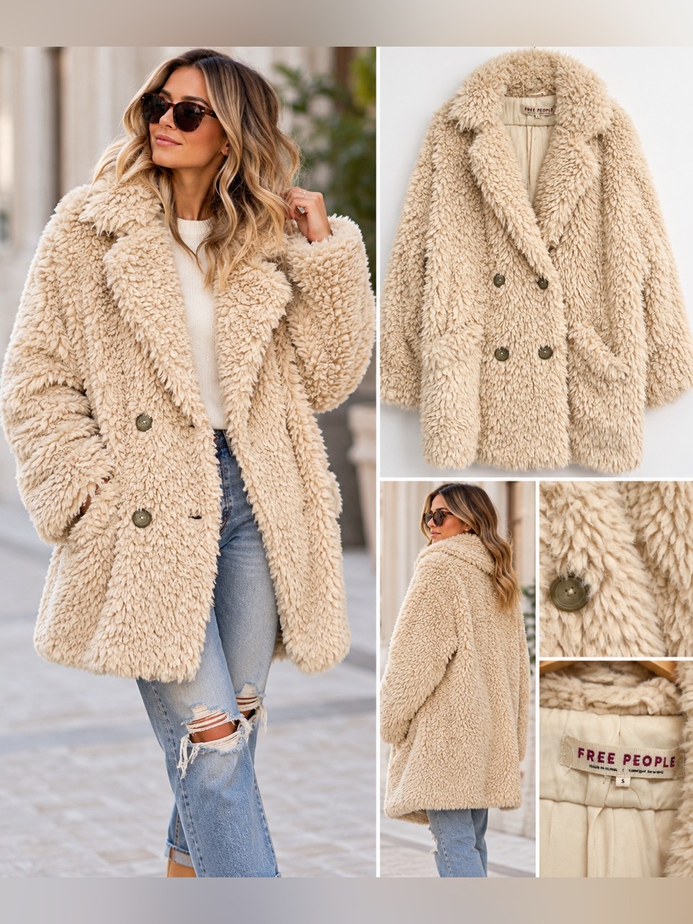 Free People Honeypie Teddy Jacket Small Oversized Beige Faux Fur Coat